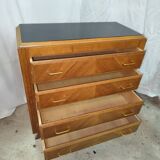 Jolie commode de 4 tiroirs pieds compas plaquage chene