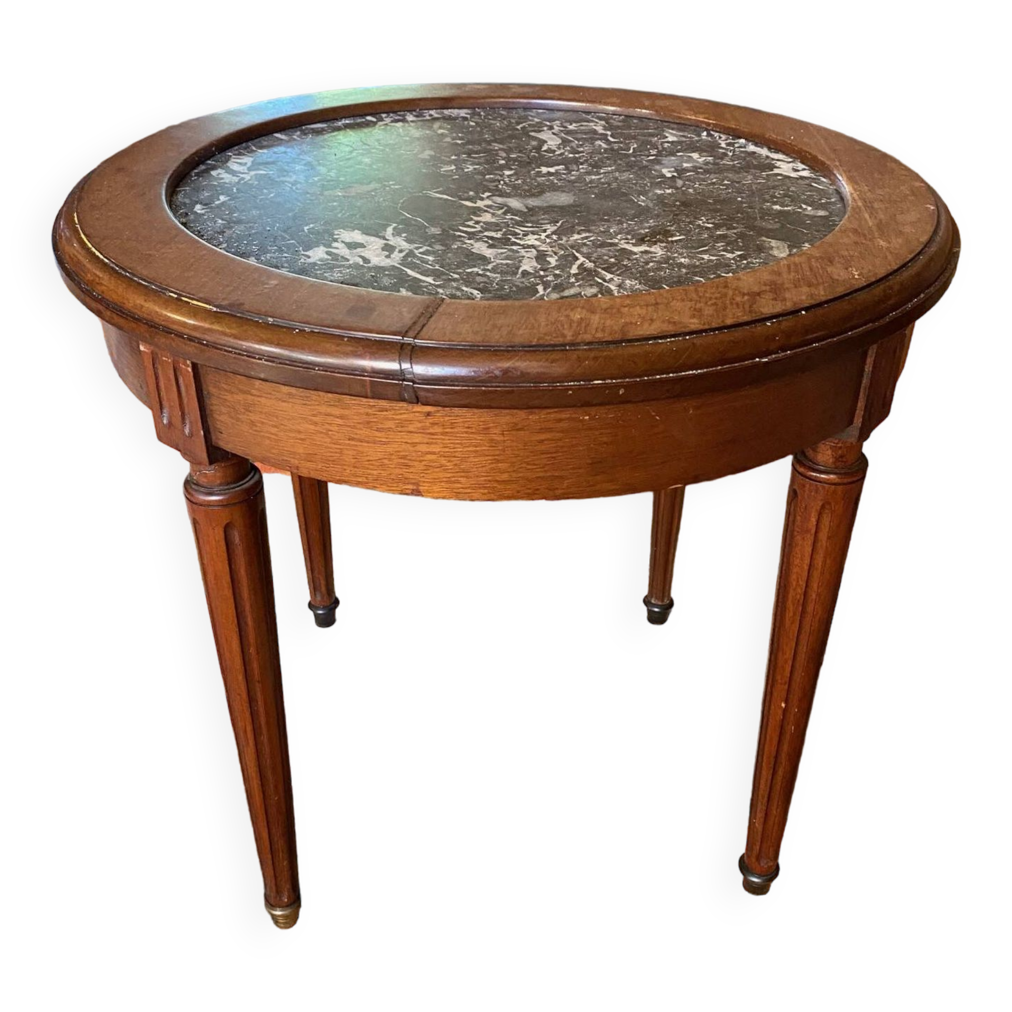 Round oak serving table with marble top