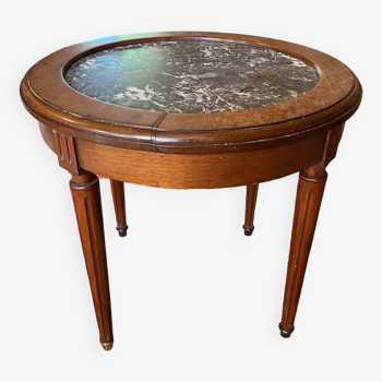 Round oak serving table with marble top