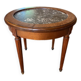 Round oak serving table with marble top