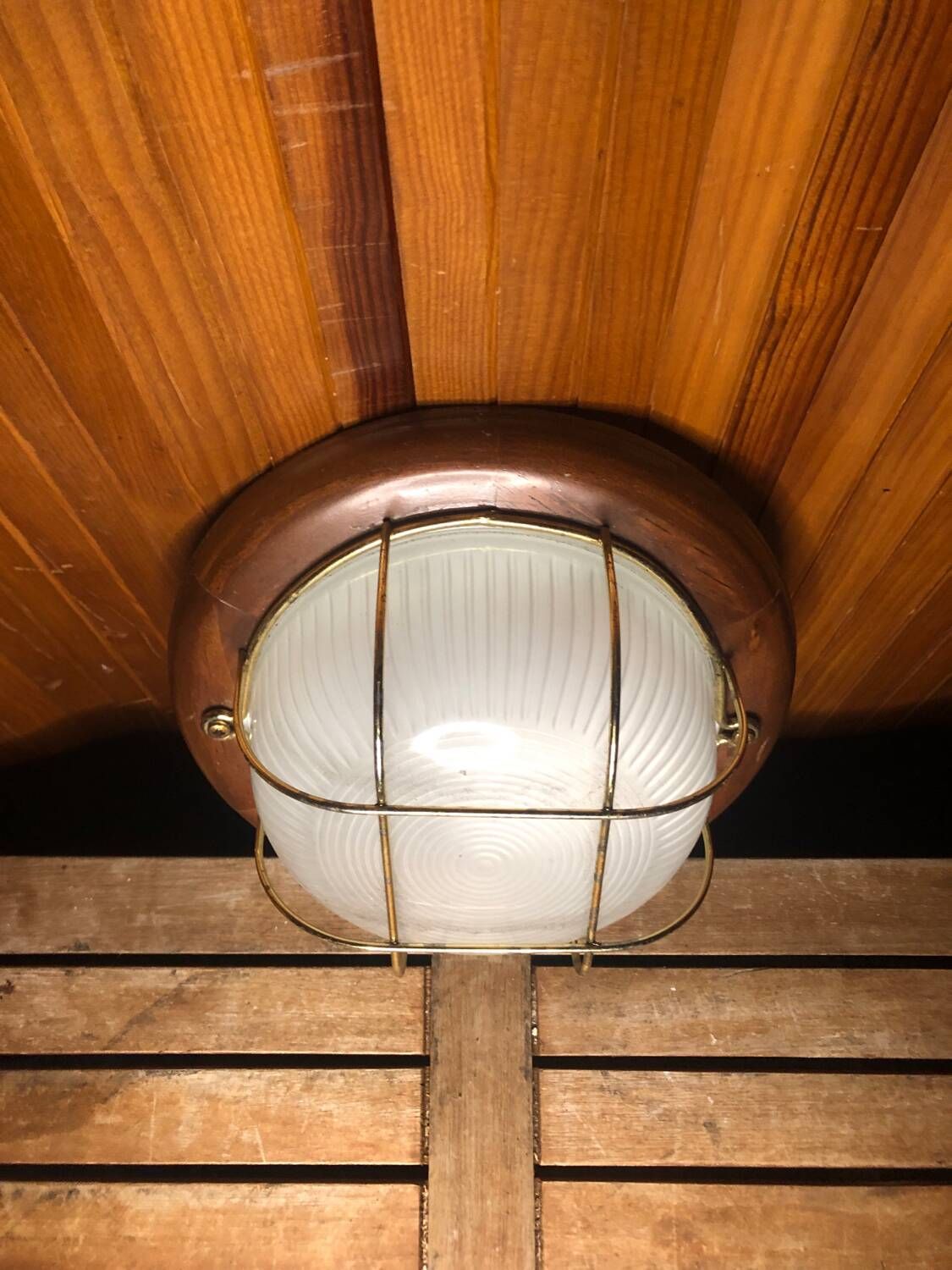Old marine style ceiling light molded glass wood contour gold metal reinforcement #a624