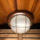 Old marine style ceiling light molded glass wood contour gold metal reinforcement #a624