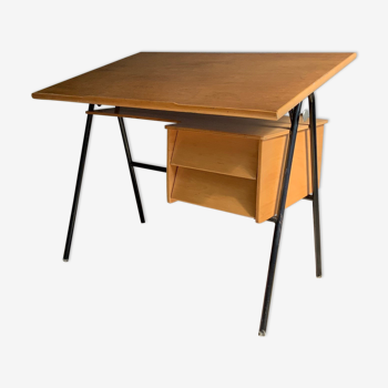 Bureau vintage architecte en chêne pied compas