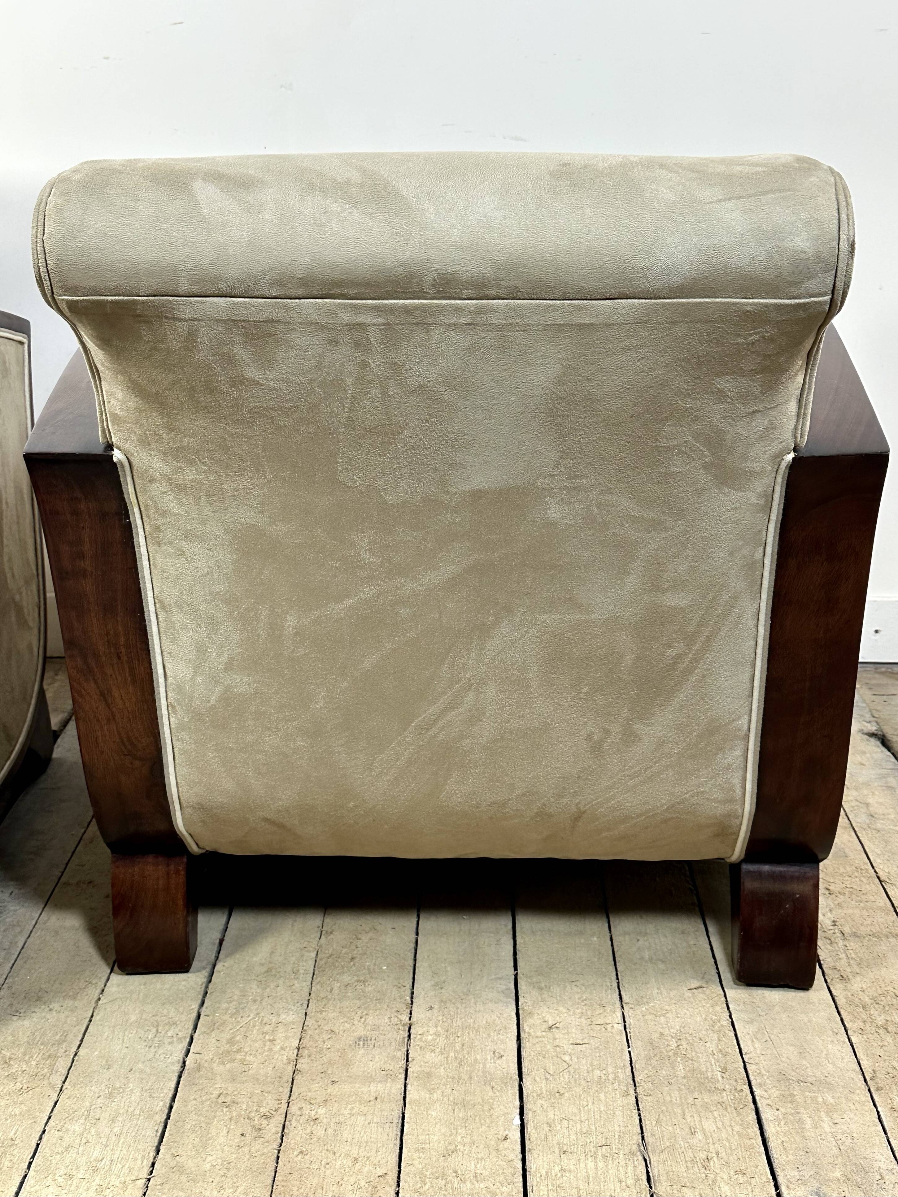 Pair of Art Deco armchairs in rosewood and suede.