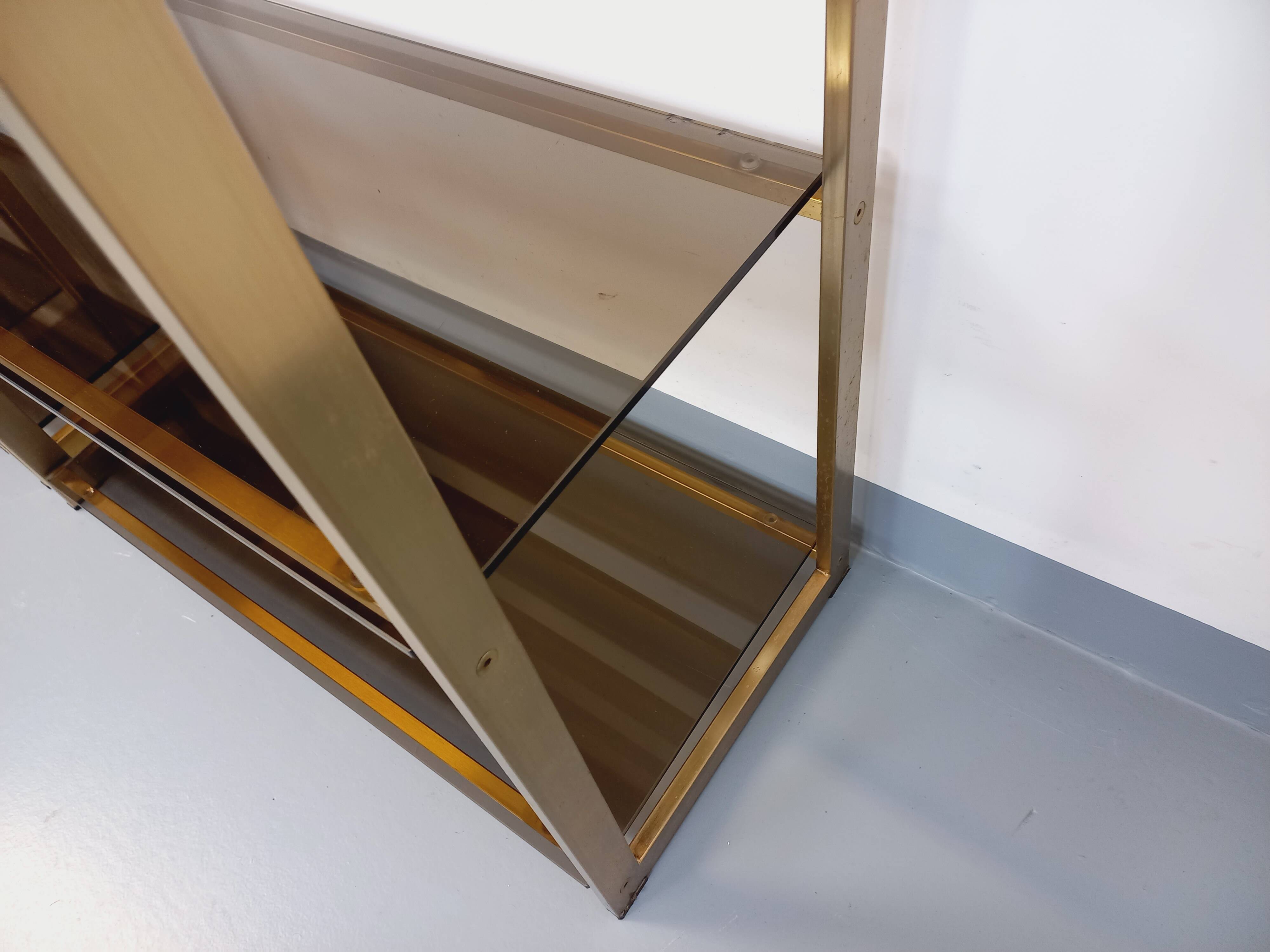 Artelano vintage bookcase shelves in gold metal smoked glass from the 70s