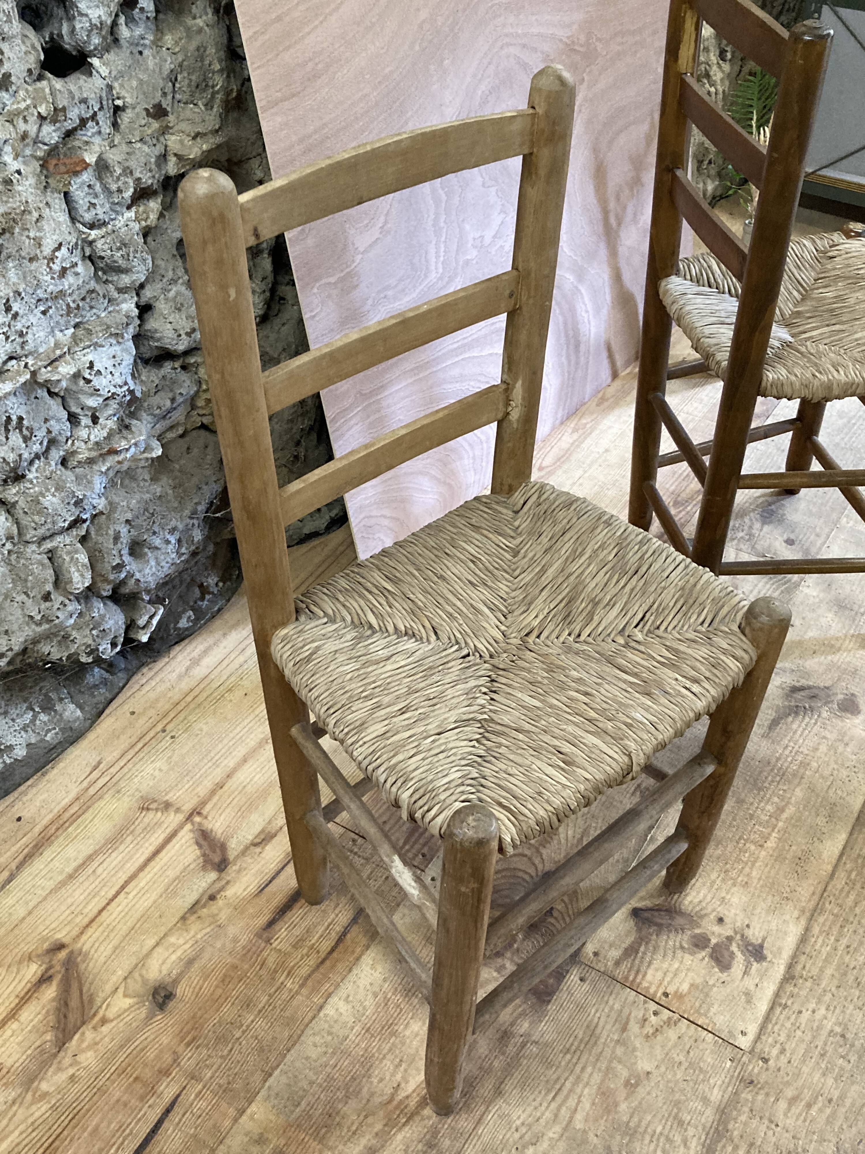 Pair of rustic-style vintage straw wood brutalist chairs
