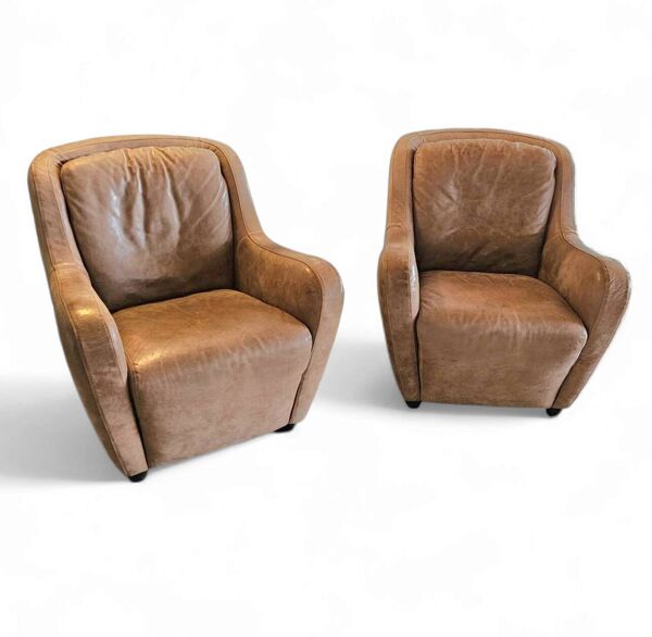 2 fauteuils en cuir marron édités par Natuzzi, années 1980