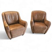 2 fauteuils en cuir marron édités par Natuzzi, années 1980