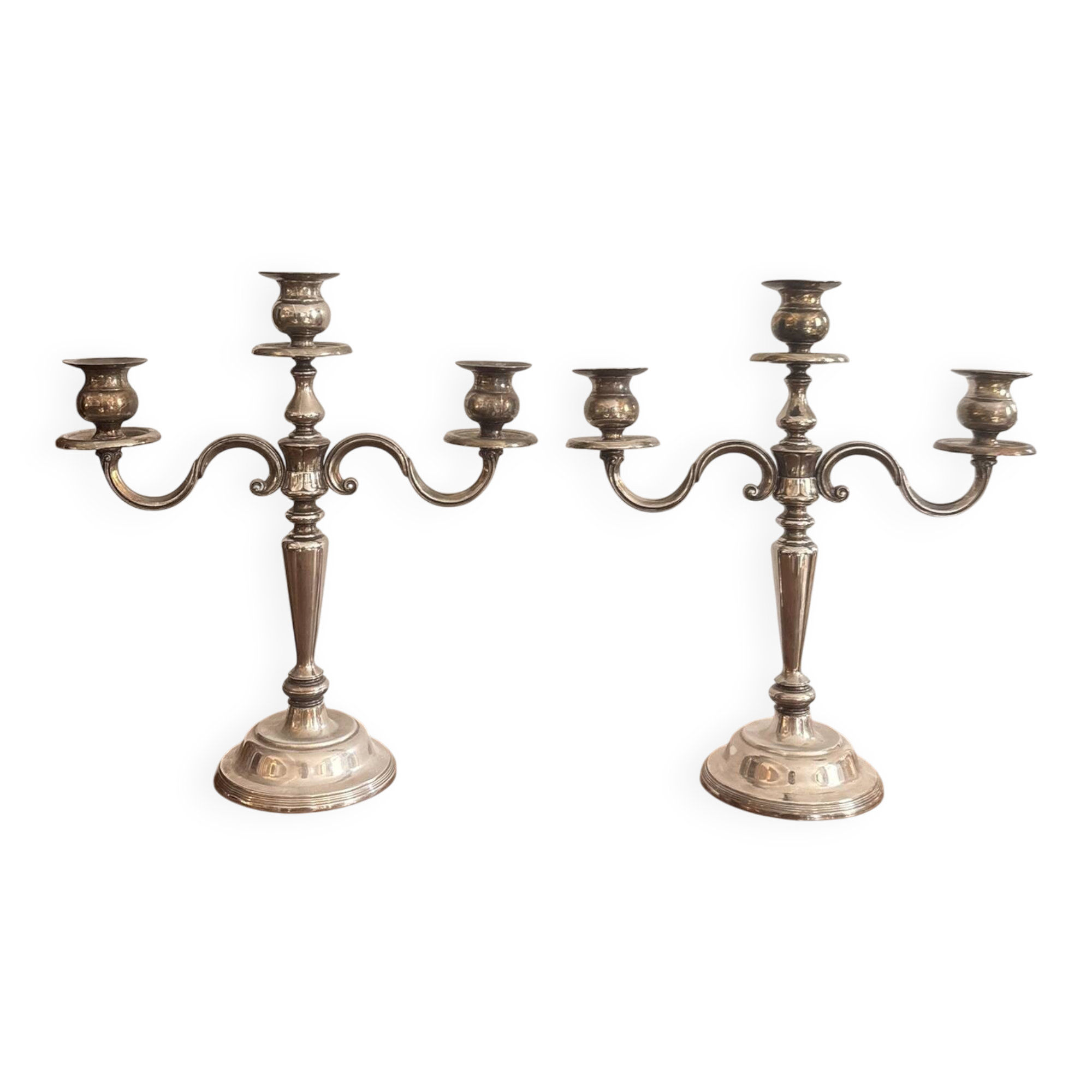 Antique Pair of 3-Light Candelabra Silver-Plated Metal Louis XV Rococo Style