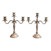 Ancien Paire Candélabre 3 Feux Lumières Métal Argenté Style Louis XV Rocail