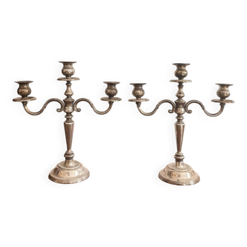 Antique Pair of 3-Light Candelabra Silver-Plated Metal Louis XV Rococo Style