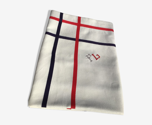 Nappe brodée FL rectangle tissu basque marine et rouge
