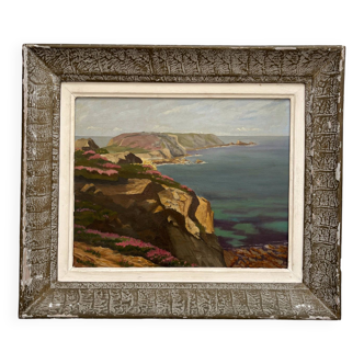 Tableau peinture ancienne huile sur carton paysage mer côtes bretonnes, 1929