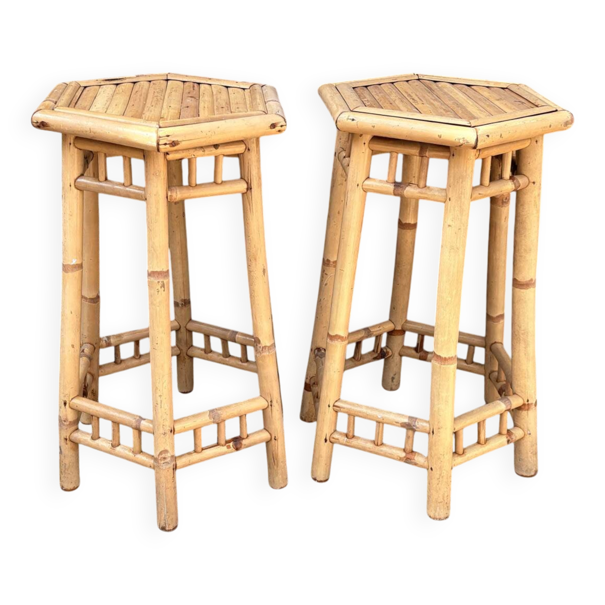 Two high bamboo stools – hexagonal top, vintage, 1970s