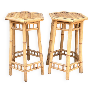 2 tabourets hauts en bambou, années 70