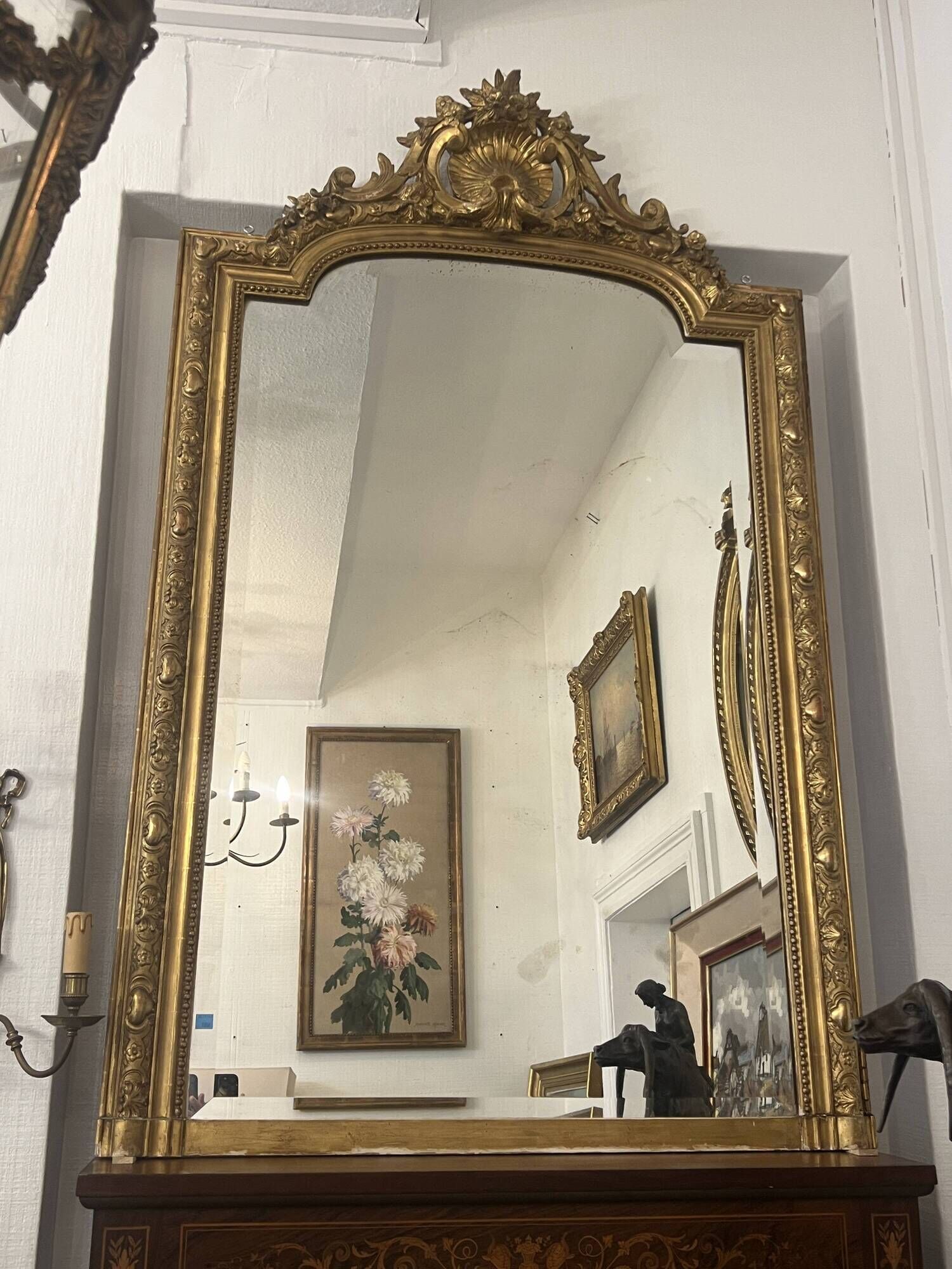 Antique mirror in wood and gilded stucco, Louis XV style, 19th century