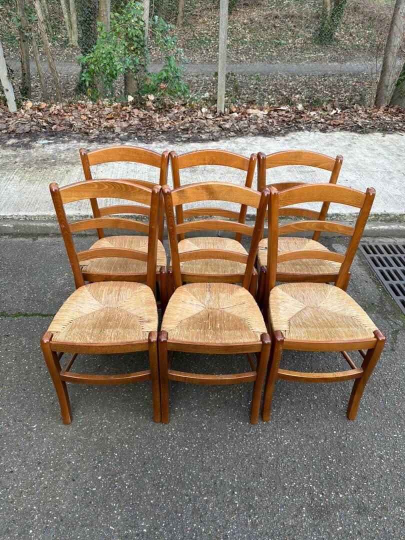 6 solid wood straw-seated Louis Philippe chairs, oak, 20th century.