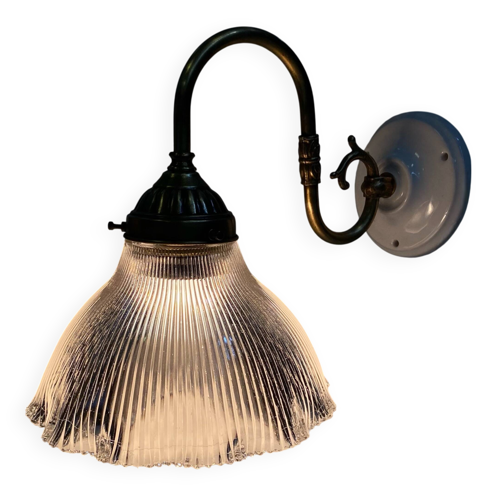 Swan neck wall light, brass, glass, holophane type, porcelain fixing