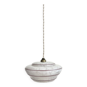 Small white Clichy glass pendant light with red edging