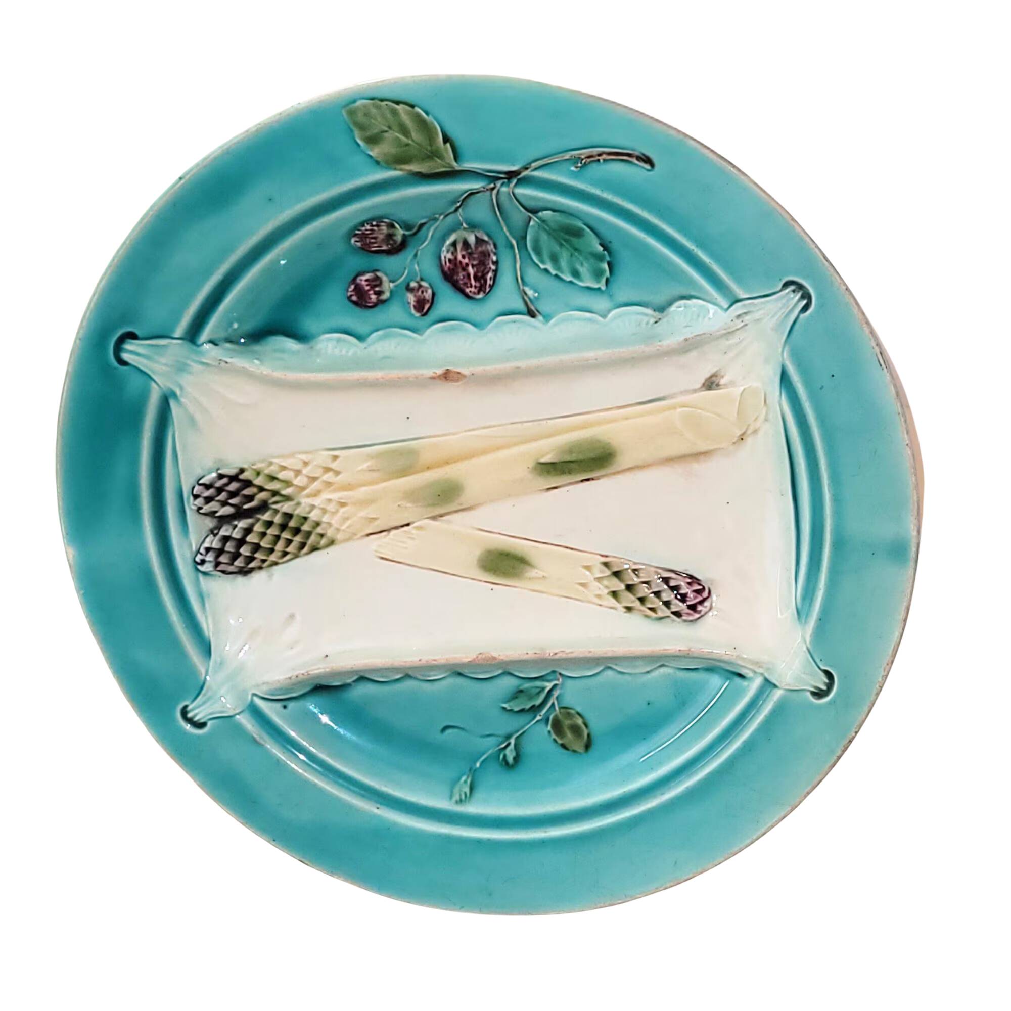Majolica asparagus plate – 19th century slip – antique turquoise blue