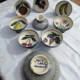 Set of eight cups and a fruit pattern cut, green carpet workshop - circa 1950