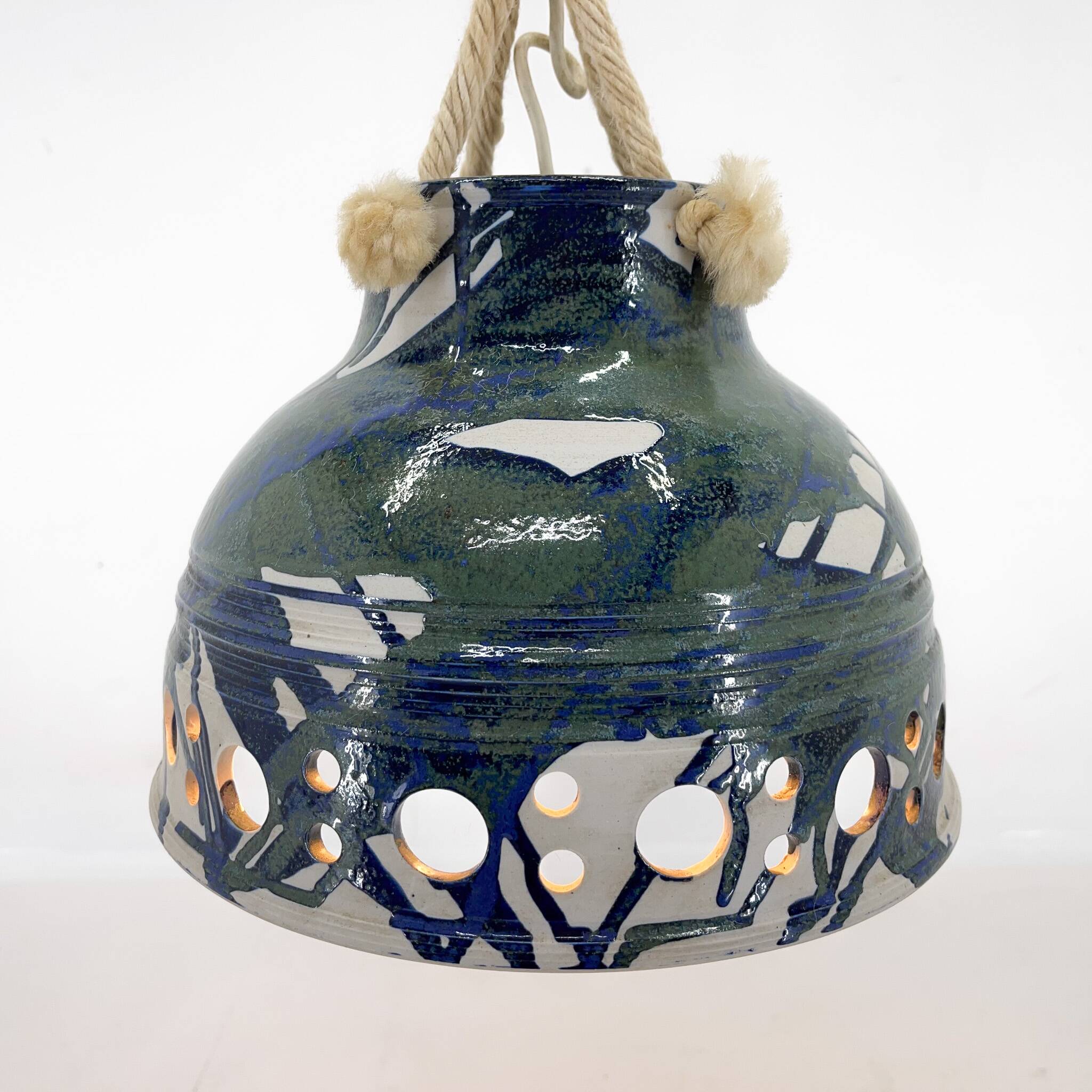 1970s Ceramic Pendant Light Suspended on a on Rope, Denmark