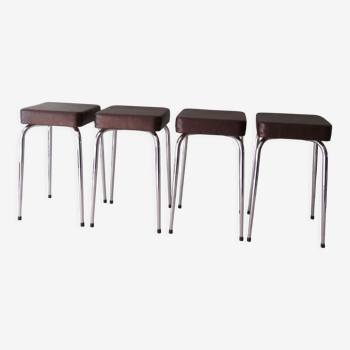 Set of 4 stools, chrome and skai by poelux, belgium 1960-1970