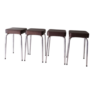 Set of 4 stools, chrome and skai by poelux, belgium 1960-1970