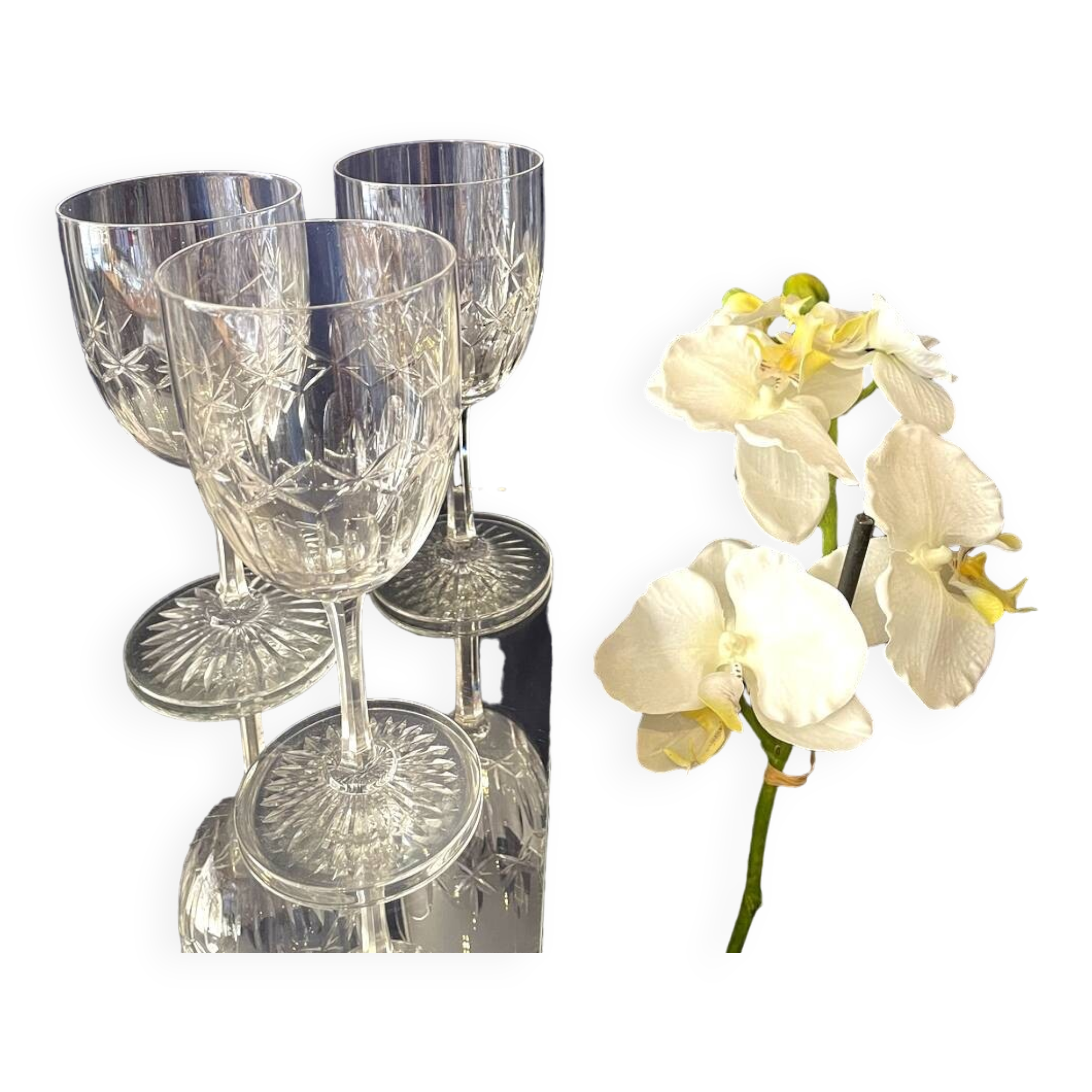 Set of 3 cut crystal water or wine glasses