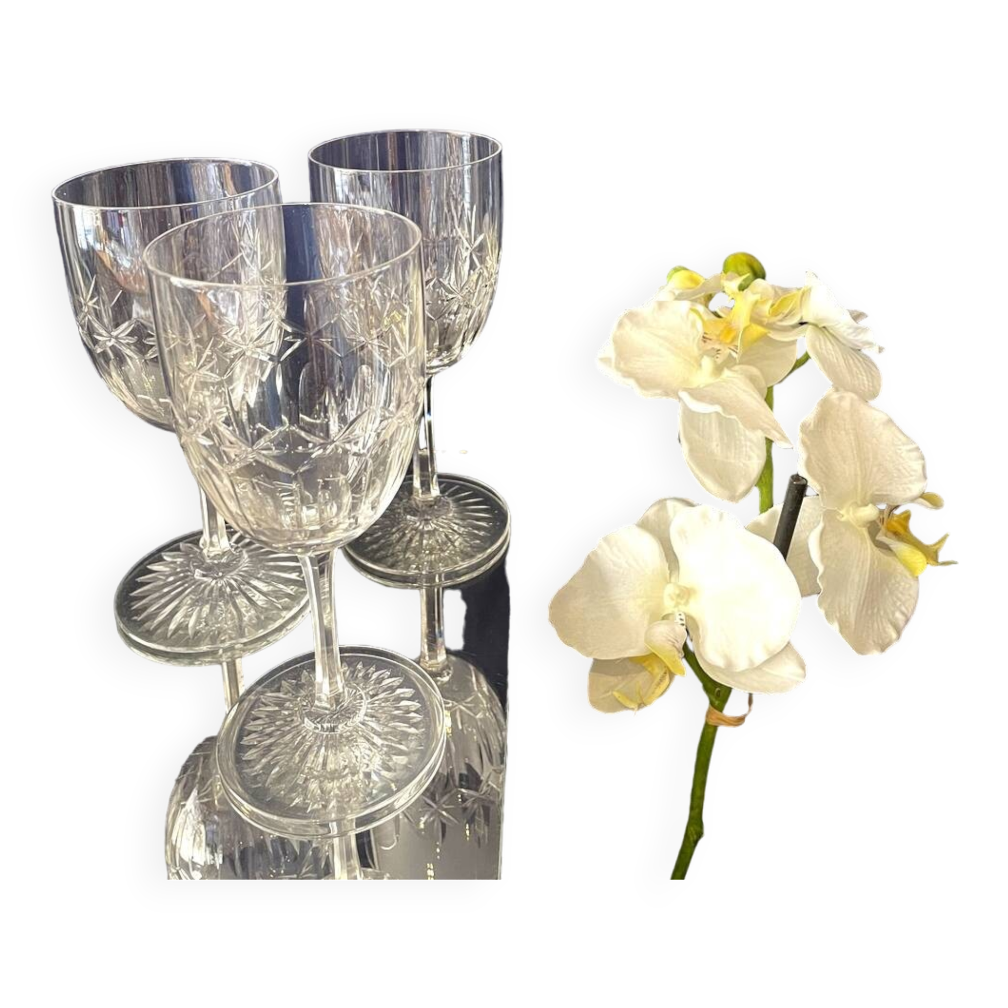 Set of 3 cut crystal water or wine glasses