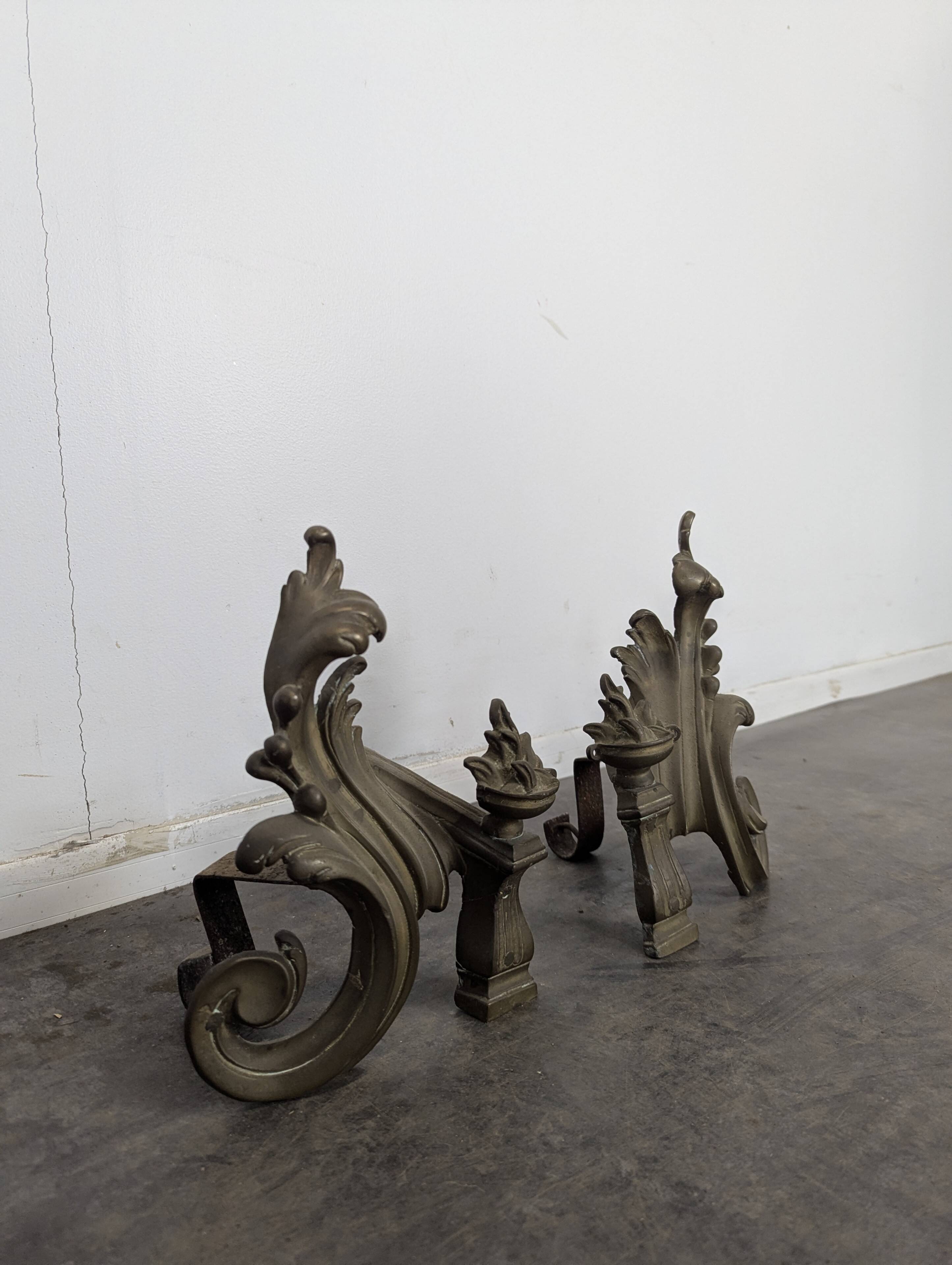 Pair of rocaille bronze andirons in Louis XV style