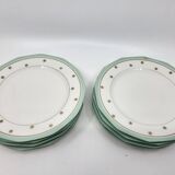 Limoges porcelain plates with green border and gold and blue flower decoration, French set of 8