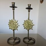 Pair of "sun" candlesticks in metal and wood from the 80s