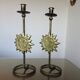 Pair of "sun" candlesticks in metal and wood from the 80s
