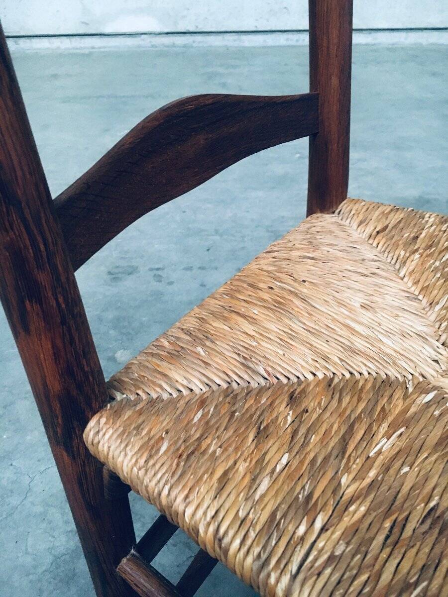 Rustic Handcrafted Oak and Rush High Back Dining Chairs, Belgium, 1940s, Set of 4