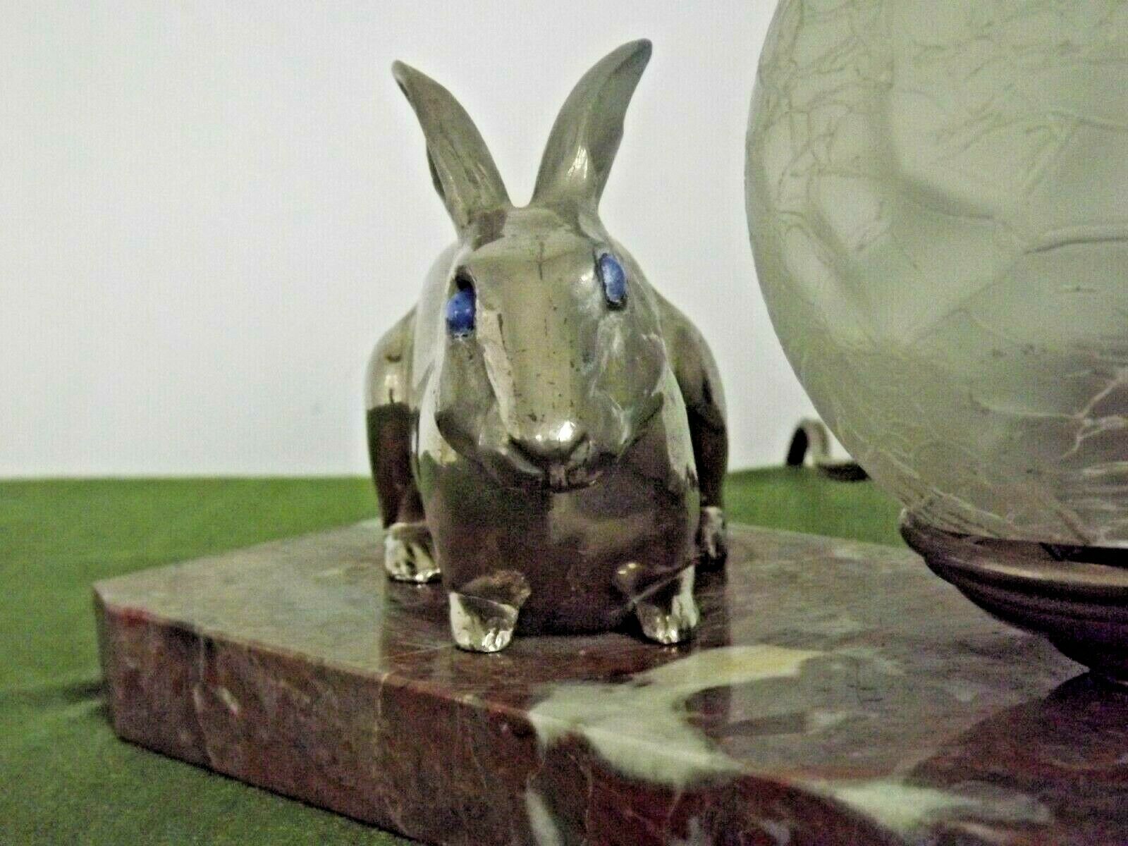 French Art Deco Lamp Marble Base Silver Metal Rabbit Crackle Ball Shade 3365