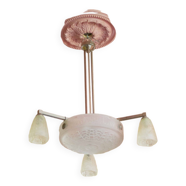 Lustre art déco bronze nickelé avec verre tulipe art déco, lampe de plafond, suspension art déco, 30
