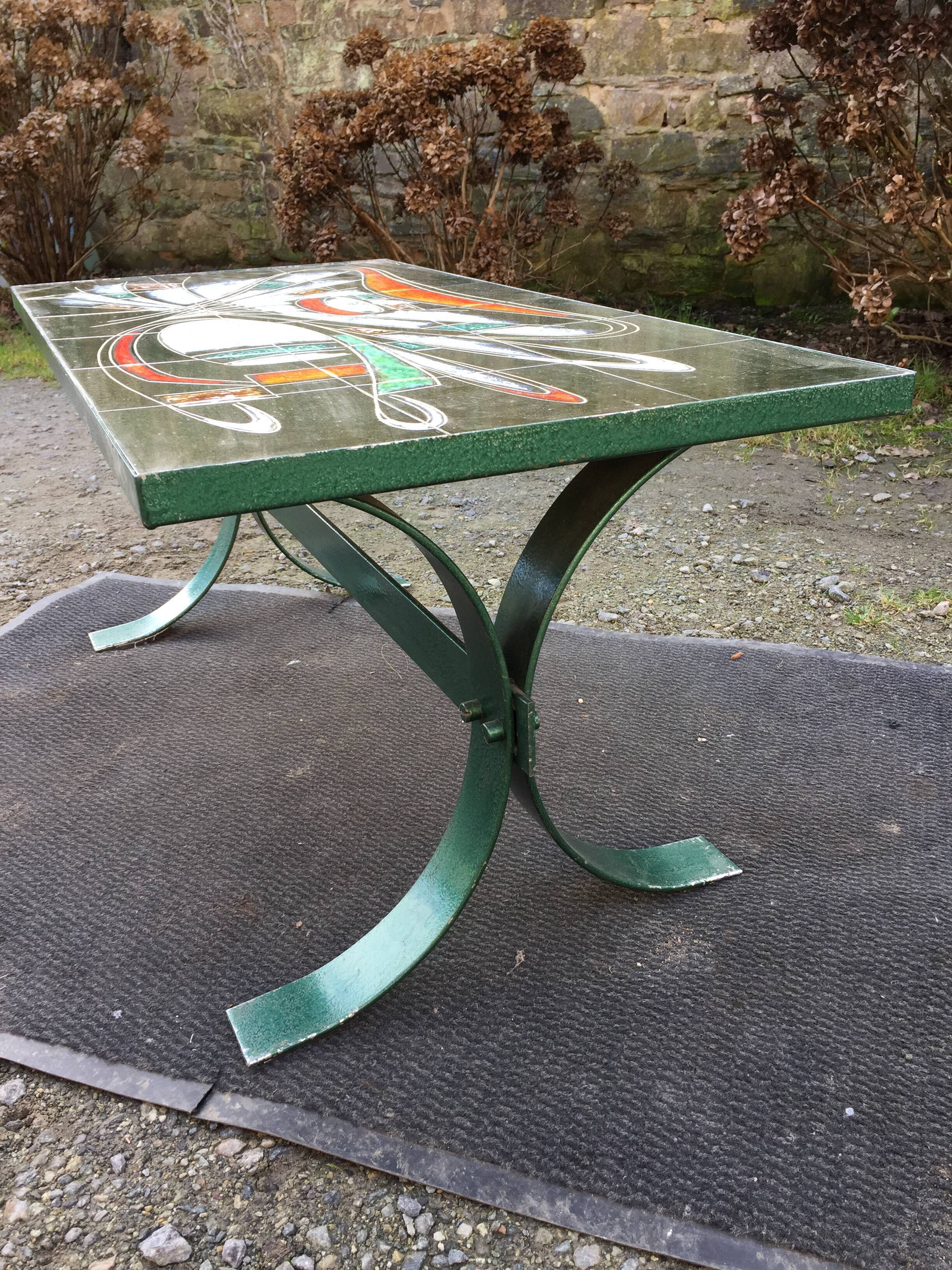 Vintage ceramic coffee table Vallauris spirit with metal x base