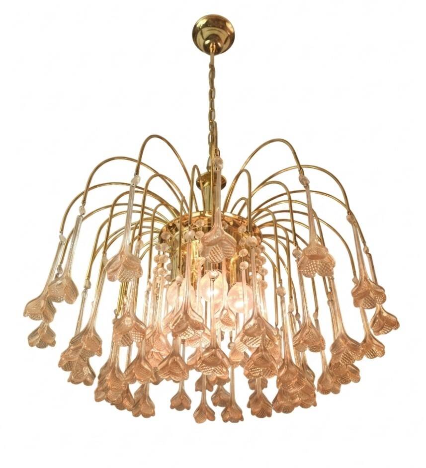 Vintage chandelier rain gold with handmade Murano glass pink flowers.