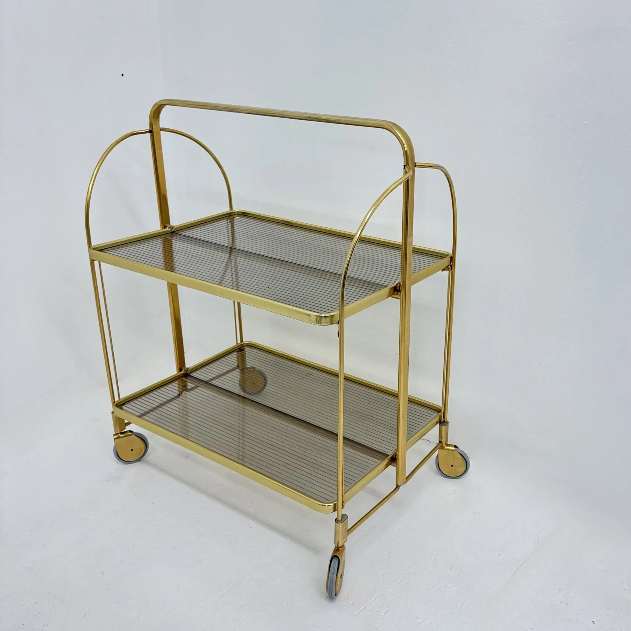Mid-century modern folding bar cart in brass and ribbed acrylic glass, 1970s