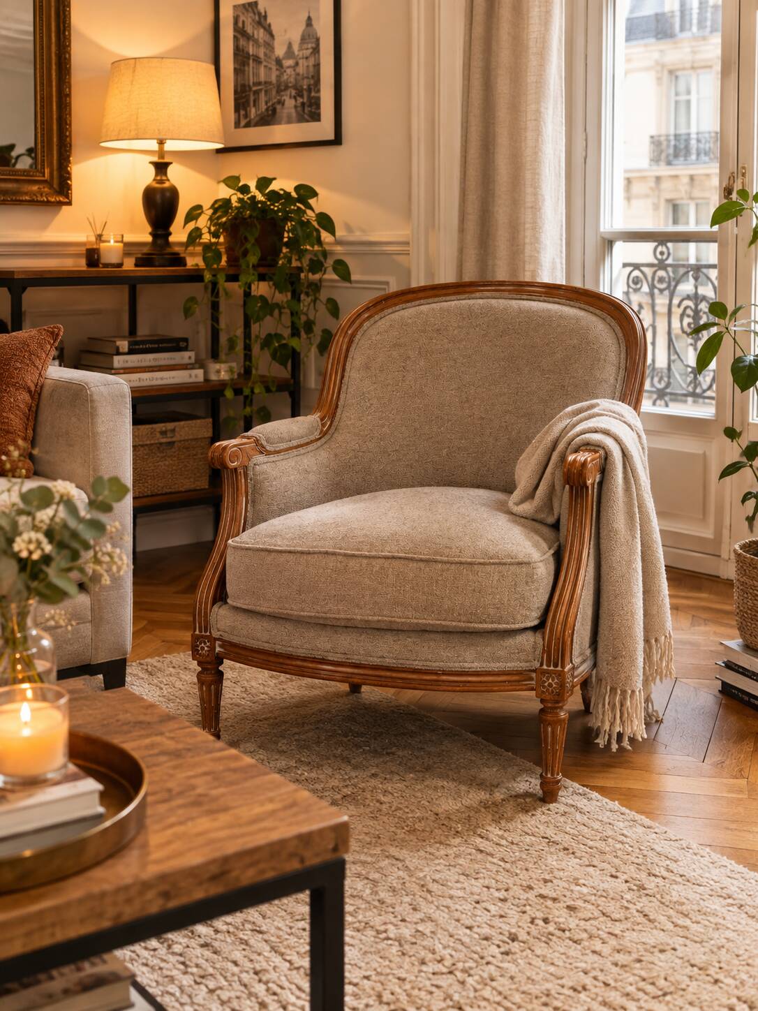 Louis XVI style bergère armchair – carved wood – beige fabric – pi