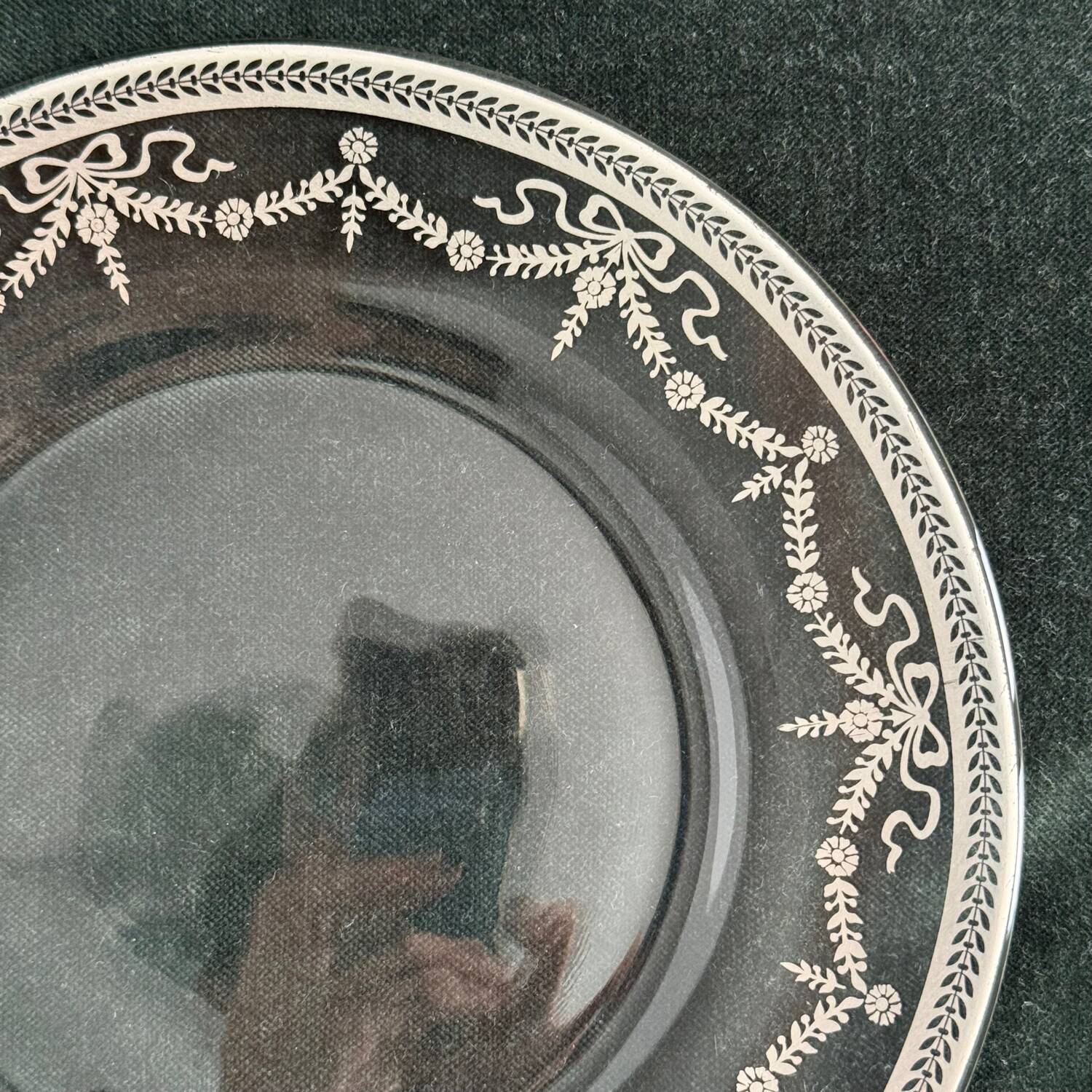 Vintage Glass Dessert Plate with Silver Ribbons/Bows and Garlands