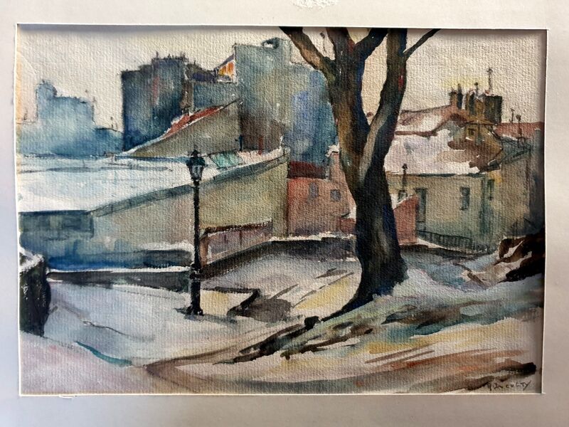 André Duculty (1912-1990) Watercolor on paper "Impasse Dragée sous la neige, Montmartre à Paris"