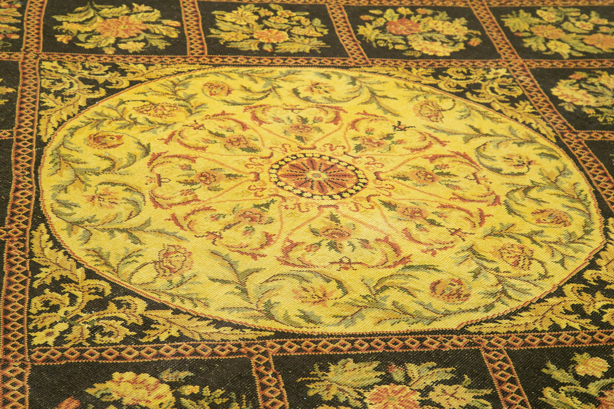 Handwoven persian overdyed 291 cm x 404 cm yellow wool rug