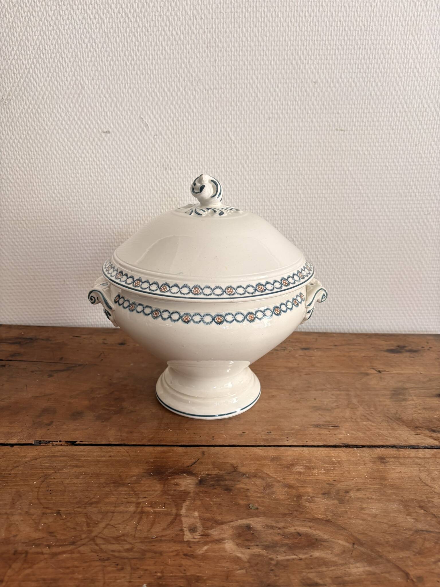Antique Soup Tureen Vegetable Dish Faience Longwy Henri II Style Geometric Frieze
