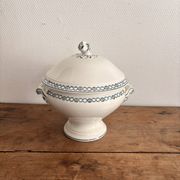 Antique Soup Tureen Vegetable Dish Faience Longwy Henri II Style Geometric Frieze