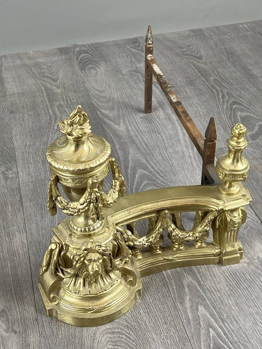 Pair of gilded bronze andirons, Louis XVI style, 20th century