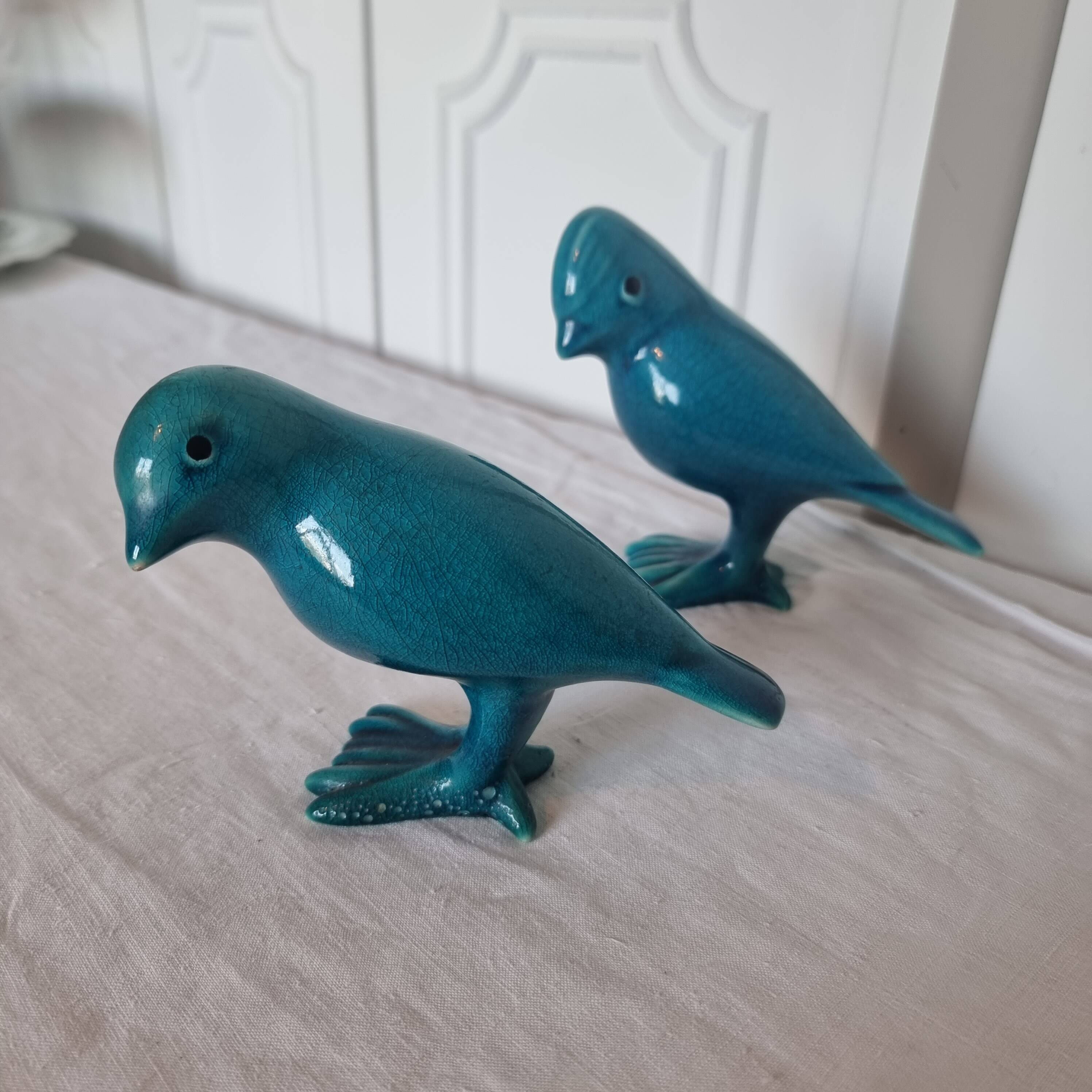 Pair of Art Deco Birds in Blue Porcelain from the 40s-50s signed