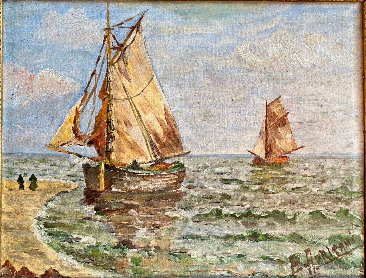 Ancient painting, Marine, signed 20th century