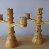 Set of 2 three-armed wooden candlesticks